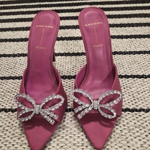 Black Suede Studio Pink Satin Pointed Mule with Crystal Bow